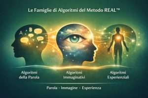 Illustrazione delle famiglie di algoritmi del Metodo REAL™: algoritmi della parola, immaginativi ed esperienziali, collegati da luce e simboli di integrazione tra parola, immagine ed esperienza.